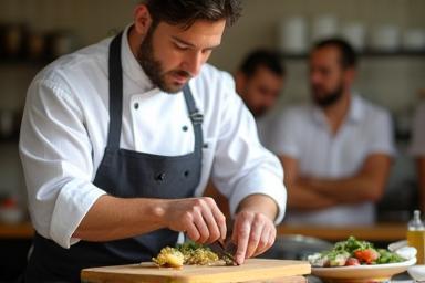 Chef demonstrating a precise cutting technique to attentive guests