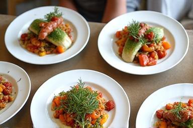 Beautifully plated dishes prepared by guests in a cooking class