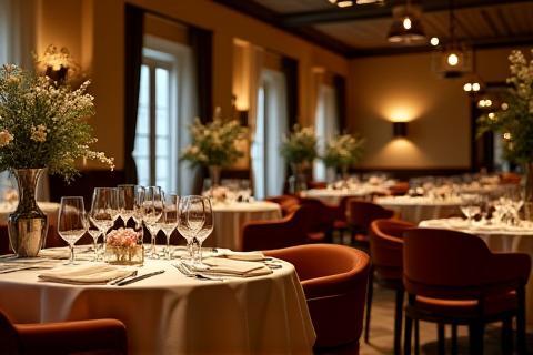 Elegantly set room for a private event, adorned with flowers at Ristorante La Pergola