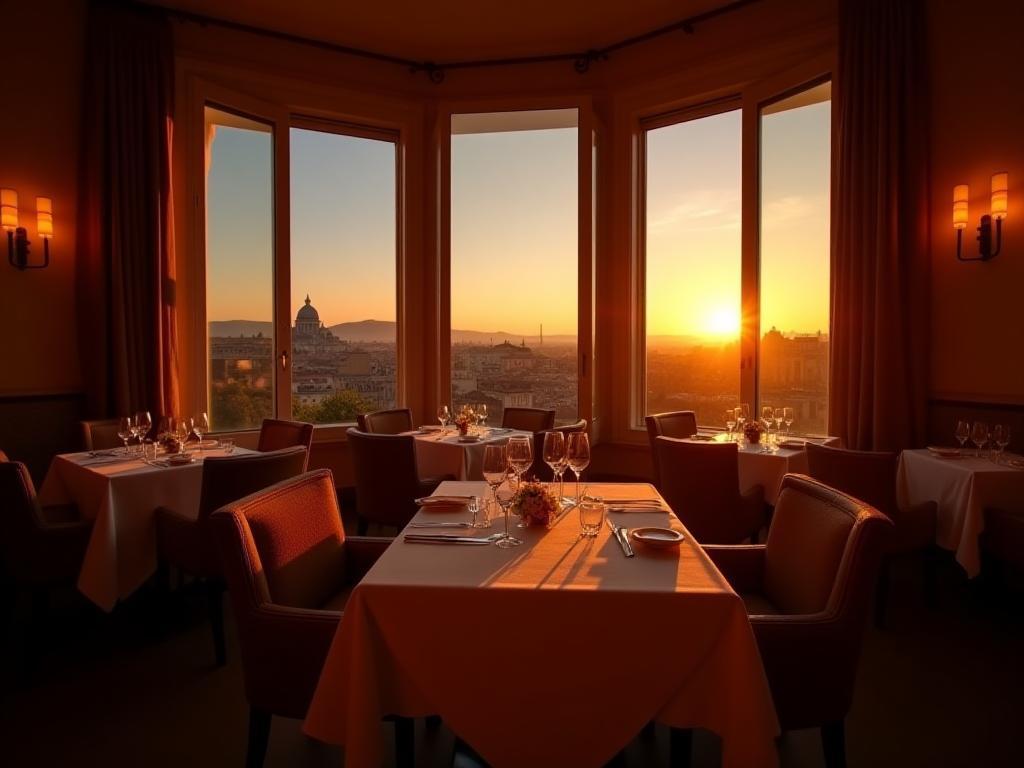 Elegant dining room of Ristorante La Pergola at sunset, overlooking Rome