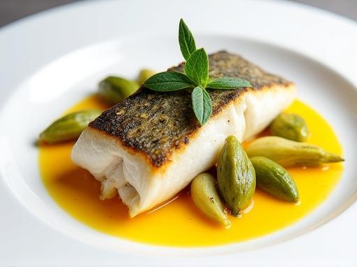 Pan-seared Adriatic Sea Bass fillet served with tender Roman artichokes and a vibrant sauce